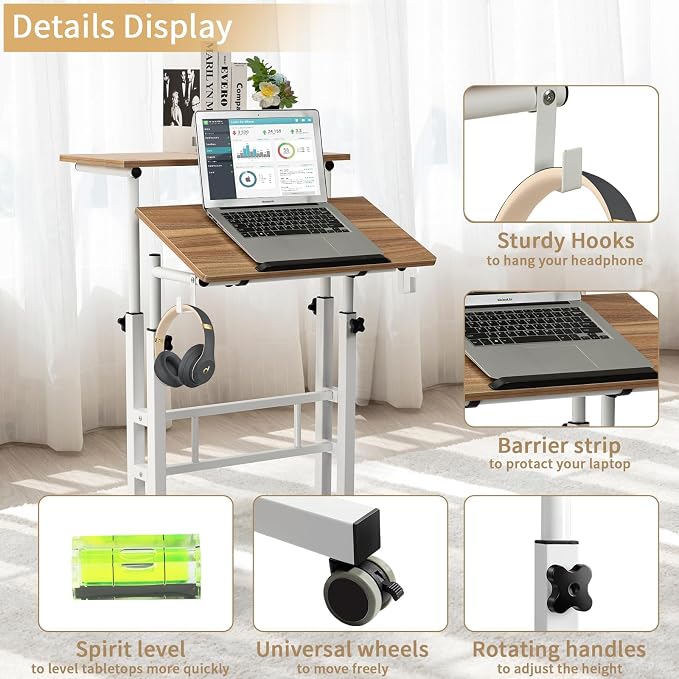 SIDUCAL Small Standing Desk, Portable Stand Up Desk, Height Adjustable Mobile Standing Table Converter with Wheels Computer Workstations, Rolling Laptop Cart for Stand or Sit, Vintage Oak - Image 6