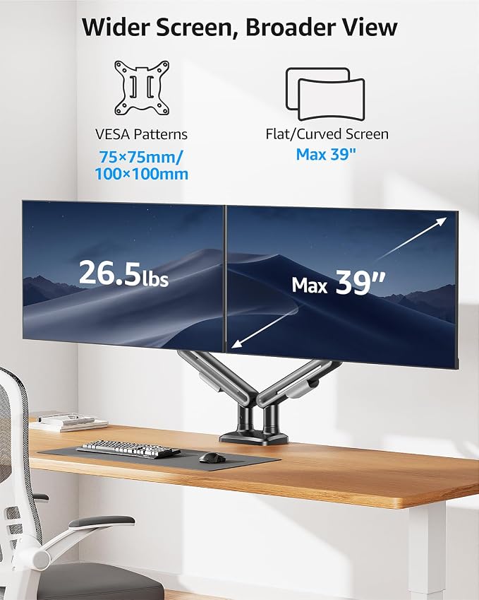 MOUNTUP Dual Monitor Mount, Heavy Duty Monitors Arm | Holds 4.4-26.5lbs, Monitors Arm for 39 37 34 32 27inch, Height Adjustable Monitors Desk Mount with C-Clamp＆Grommet Base - Image 3