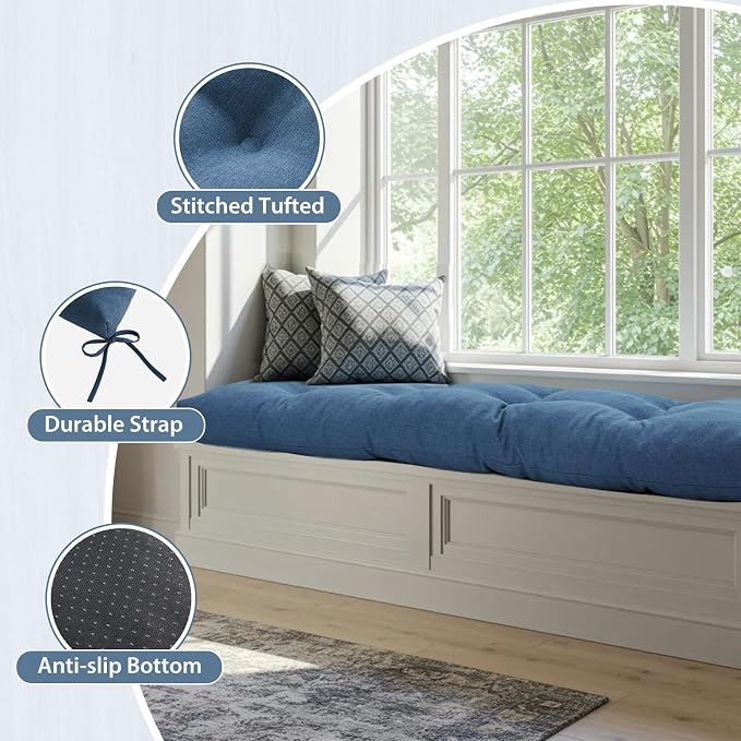 44 Inch Bench Cushions for Indoor Furniture | Super Soft Rectangle Bench seat Cushion Pad with Non-Slip Bottom, Waterproof Bench Pad for Window Porch(Blue, 44x19x4.5In) - Image 3