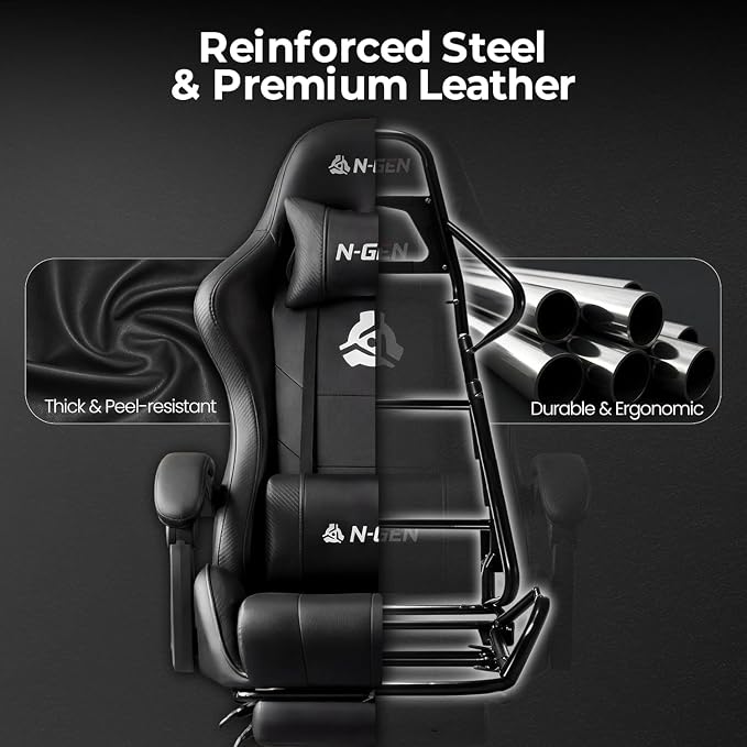 N-GEN GAMING Gaming Chair with Footrest, Lumbar Support, High-Back, Black | Reclining Backrest, Linkage Armrests, Durable PU Leather, Adjustable Comfort for Extended Computer, Desk, or Home Office Use - Image 8