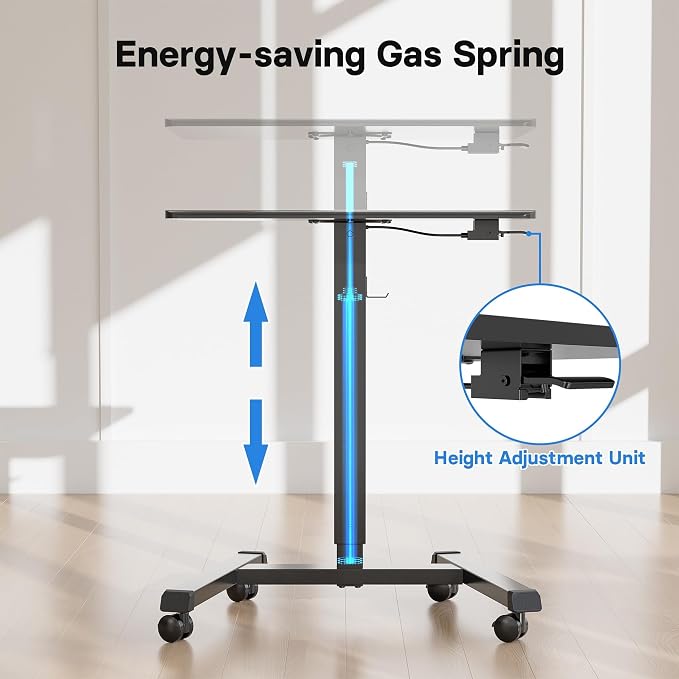 BONTEC Mobile Standing Desk Adjustable Height,Rolling Laptop Cart with Hook | Portable Workstation with Pneumatic Lift, Ergonomic Table with Wheels, Compact Home Office Desk, Black 25.6" x 17.7" - Image 6