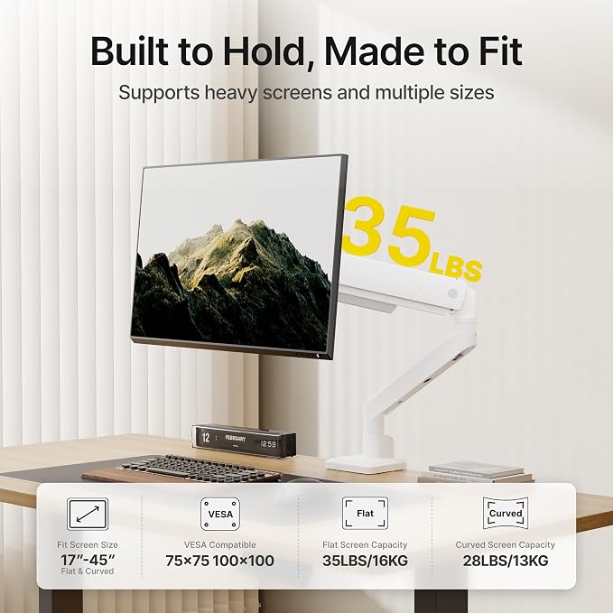 monTEK Single Monitor Arm for Max 45 Inch Ultrawide Screens, Holds 35 Lbs | Adjustable Monitor Desk Mount with C Clamp/Grommet Desk Mount, Cable Management, VESA 75/100mm, White - Image 3