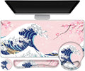 Gaming Mouse Pad, Large Desk Mat, Cute Desk Pad Protector, Pink Cherry Blossoms XXL Mousepad + Keyboard Wrist Rest+Mouse Wrist Rest+Coaster Set with Ergonomic Desk Pad, Japanese Wave of Kanagawa by ToLuLu