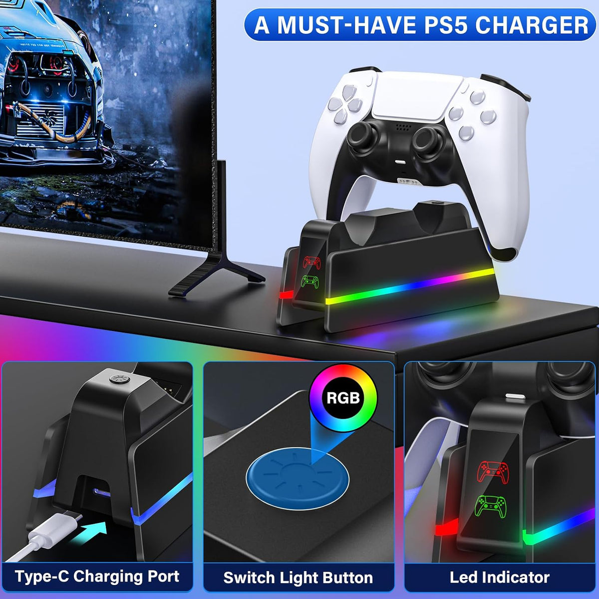 PS5-Controller-Charger-Station - Charging Station for PlayStation 5 Dualsense/Edge Controller with 9 Color Led Light, Fast Charging Dock & Holder Stand for PS5/Slim/Pro Remote - Whole Black - Image 6