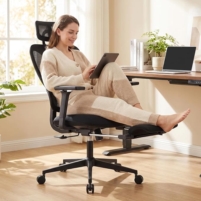 Ergonomic Office Chair with Footrest and Dynamic Lumbar Support, Black | Reclining high-back computer chair, memory foam seat, 4D armrests, 2D headrest, mesh desk chair for home office, long hours - Image 2
