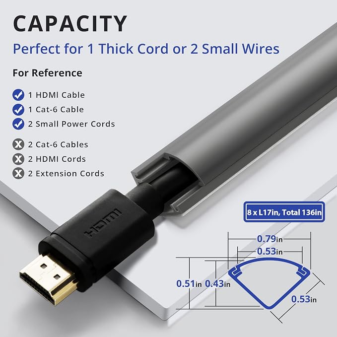 ZhiYo 136in Corner Cable Hider for 1 Cord, Hide Wires on Wall Corner, Grey | Self-Adhesive Cable Concealer, 8 Pack (17" Each), Quarter Round Cable Management Raceway for Baseboards & Ceiling Corners - Image 2