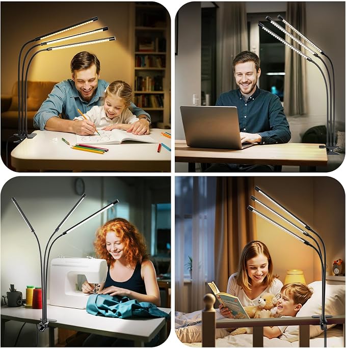 ShineTech 3-Head LED Desk Lamp with Clamp, Eye-Caring Clip on Lights | Ultra-Wide Lighting, 4 Color Modes, Stepless Brightness, Flexible Gooseneck, Memory Function & Auto-Off Time for Home Office - Image 9