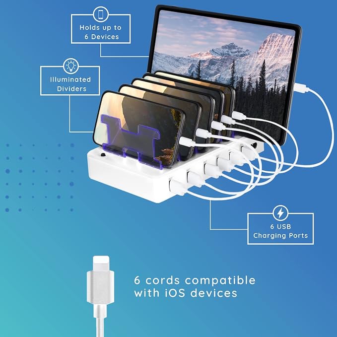 Fast Charging Station for Multiple Devices, 6-Port USB Charging Dock White | Smart IC Technology for Safe Charging, Organized storage, Works with Apple iPhone 14 and earlier & iPads, for home, office - Image 3