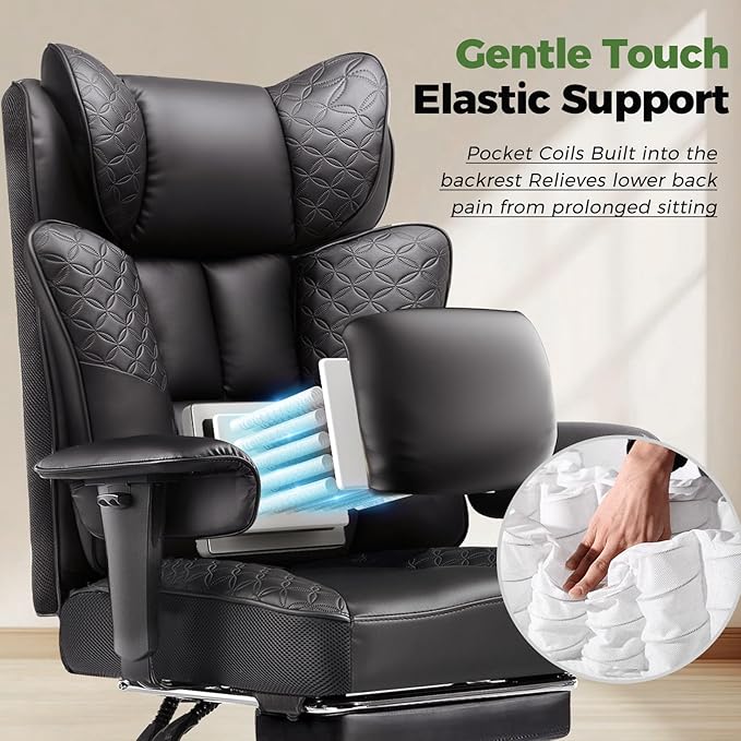 GTPLAYER Big and Tall Office Chair Wide Ergonomic Gaming Chair with Deluxe Embossing Designed Leather with Foot Rest,150°Reclining Adjustable Soft Armrests Pocket Spring Back Support and Pillow - Image 4