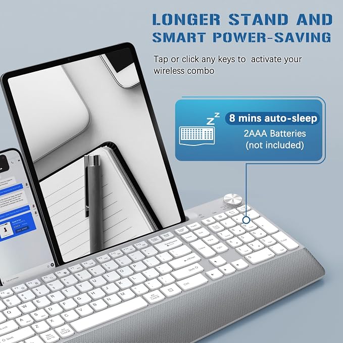 JOYACCESS Ergonomic Wireless Keyboard, 2.4GHz Cordless USB Full-Size Keyboard with Wrist Rest, Quiet Design & Numeric Keypad, Phone Holder for Desktop, Laptop, PC, Mac, Windows -Silver White - Image 4