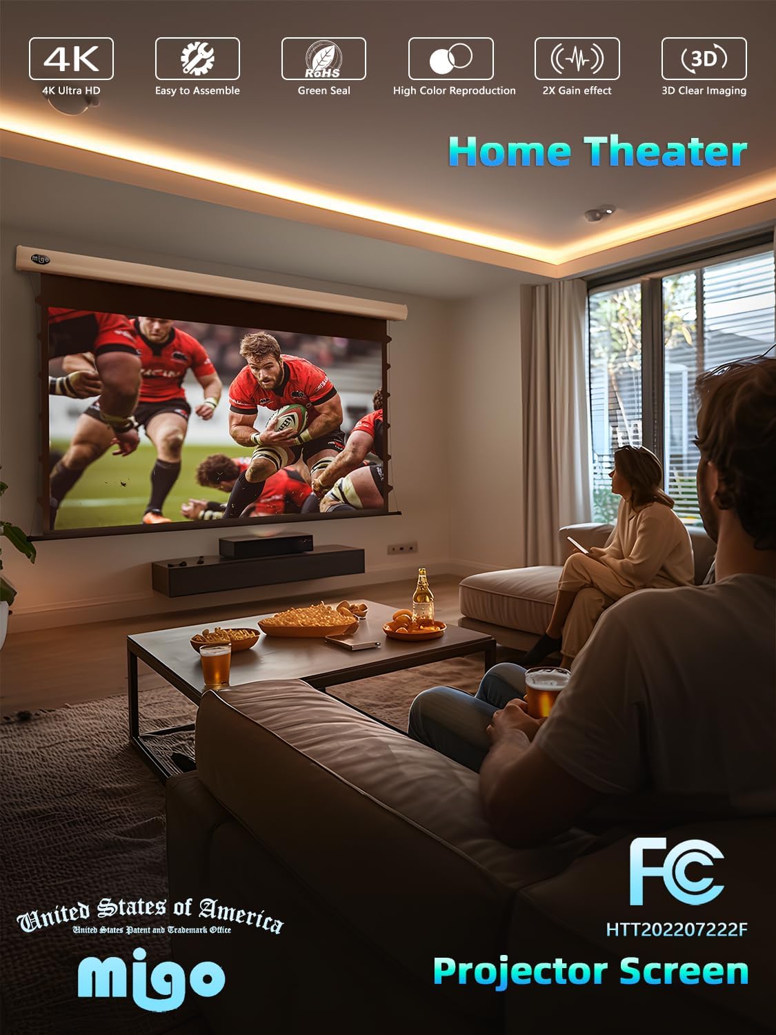 MIGO 100 Inch Tab-Tensioned Projector Screen,Electric Projector Screen Pull Down with 4K HD Partial Ambient Light Movie Screen,Wall Mount Ceiling Mount Automatic Screen for Indoor Home Theater Bedroom - Image 6