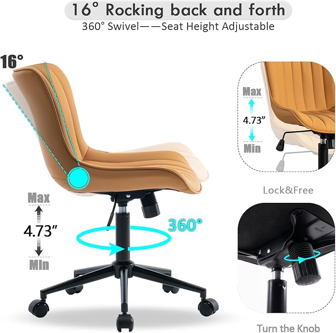 YOUNIKE Office Desk Chair with Wheels Armless Vanity Chair Modern Tan | Faux Leather Upholstered with Rocking Back, Swivel Height Adjustable Small Cute Computer Rolling Task Chair Ergonomic 300lb - Image 3