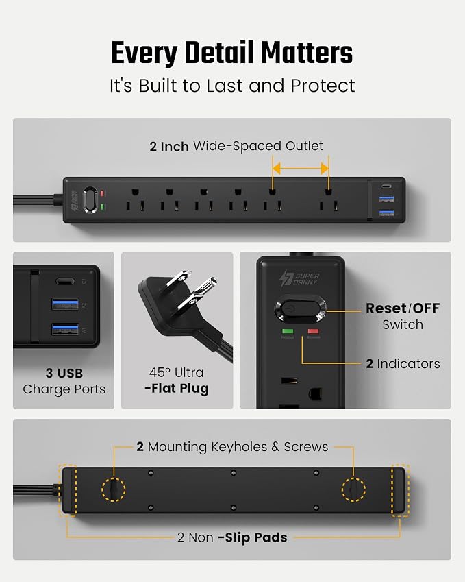 20Ft Long Extension Cord, SUPERDANNY Flat Plug Surge Protector Power Strip | 6 Outlets & 3 USB, Flat Plug Power Strip Wall Mountable, Desk Charging Station for Home, Office, College Dorm Room Essentials - Image 8