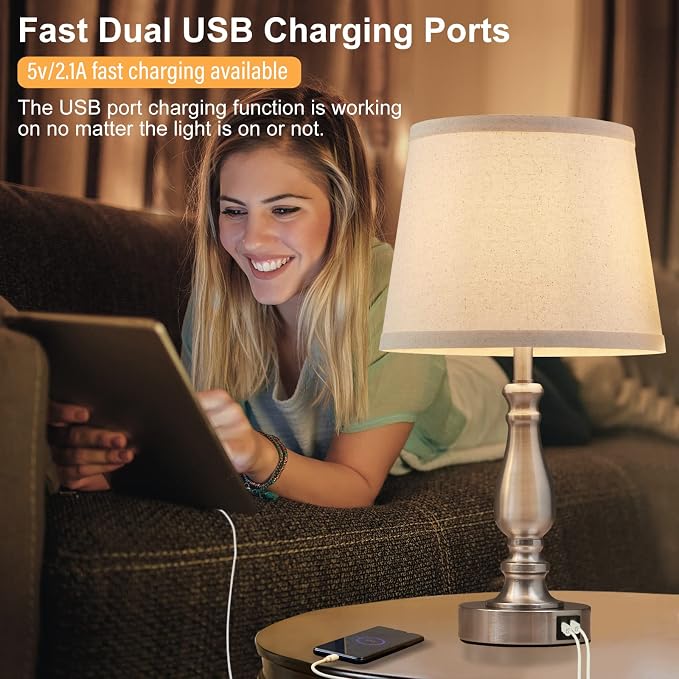 EJIAXIN Lamps for Bedrooms Set of 2, Brushed Nickel Bedside Lamps with USB C+A Ports,Dimmable Nightstand Lamps with Fabric Lampshade, Touch Table Lamp for Living Room Bedroom Office, Bulbs Included - Image 4