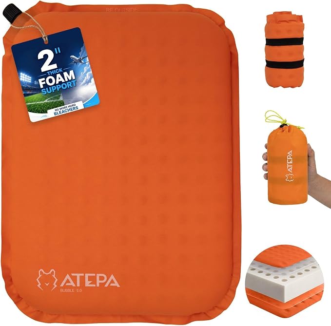 ATEPA Inflatable Seat Cushion | 2" & 2.5" Foam Core Seat Pad, Self Inflating, Compact, Stadium, Airplane, Travel, Camping, Hiking, Sports events by ATEPA