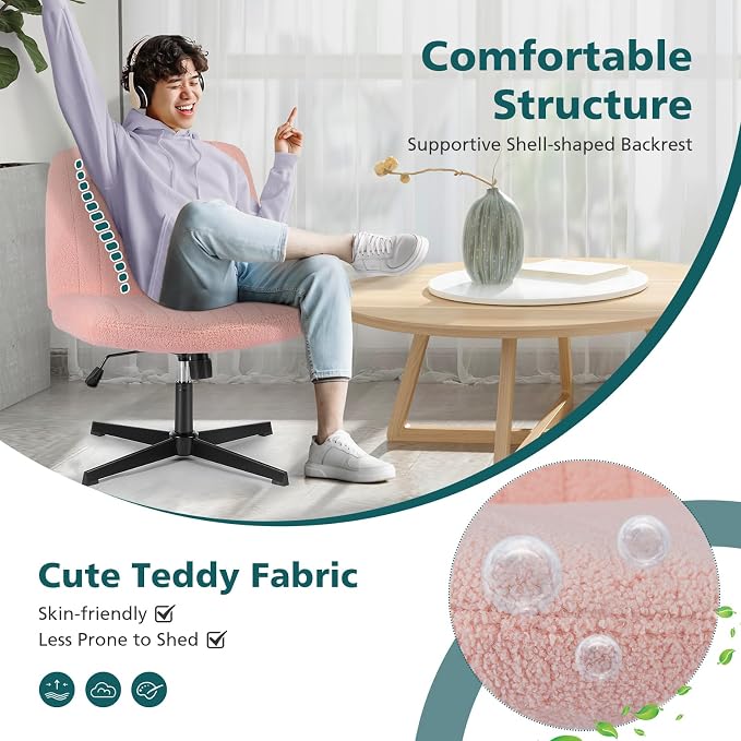 OLIXIS Criss Cross Chair, Vanity Chair, Home Office Desk | Cute Furry Teddy Fleece, Height Adjustable, Armless Wide Seating for Bedroom Student Study Room,Teddy Pink No Wheel - Image 5