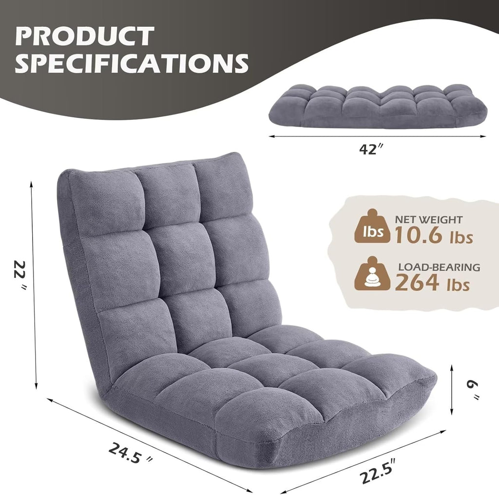Folding Floor Gaming Chair 14-Poistion Cushioned Adjustable Floor Lazy Sofa Chair w/Breathable Cotton & Skin-Friendly Coral Velve for Adults & Kids Perfect for Reading Gaming Meditating, Grey - Image 3