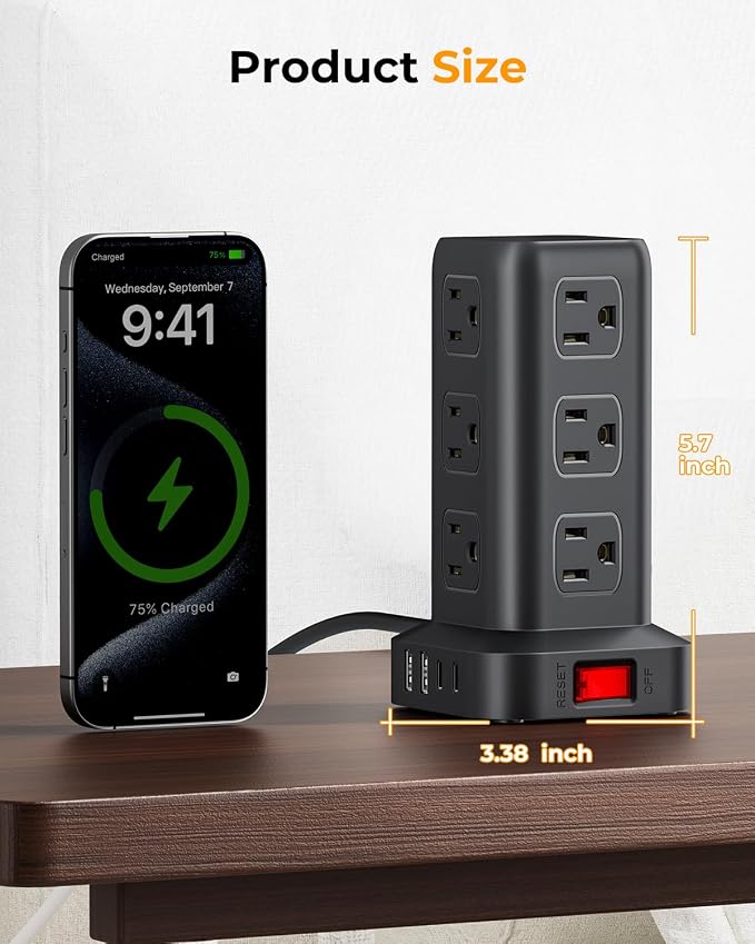 Power Strip with 12 Outlets 4 USB (1 USB C), 6.5Feet Extension Cord with Multiple Outlets, Charging Station, Power Strip Tower, Home Office Desk Supplies - Image 6