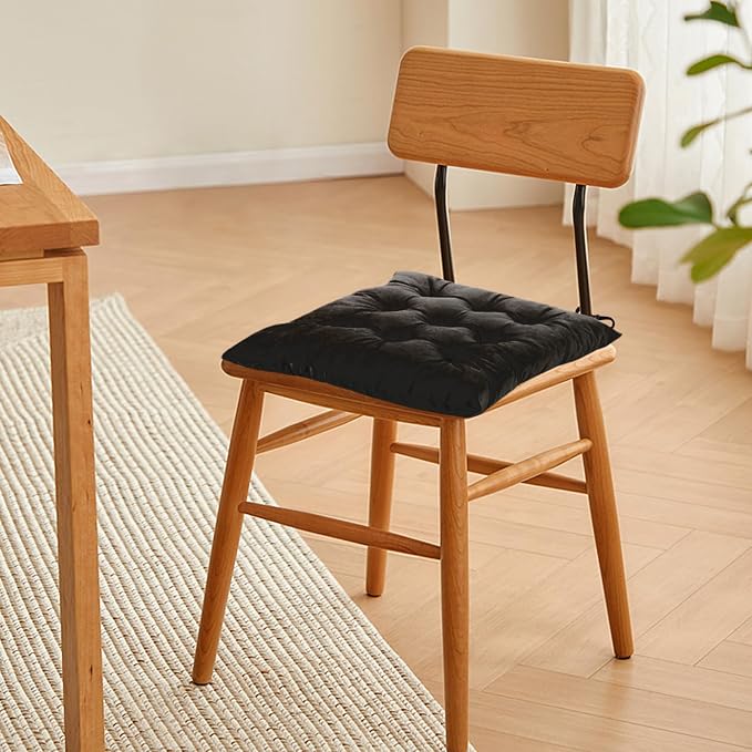 Set of 4 Chair Cushions for Dining Chairs with Ties, Indoor Non-Slip Kitchen Chair Pad and Dining Room Seat Cushion Mat for Office Living Room Outdoor 15.5" - Black - Image 6