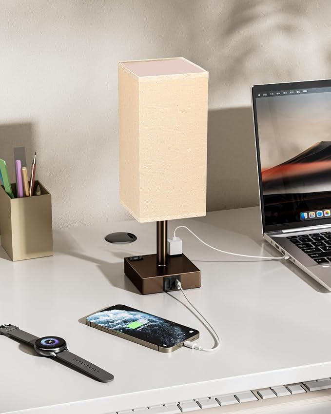 Brown Touch Table Lamp for Bedroom - Dimmable, USB C+A, 2 AC Outlets | 3-Way Dimming, 3000K Bulb Included, Square Brown Lampshade and Black Base, Desk Lamp for Nightstand, Living Room, Dorm - Image 6