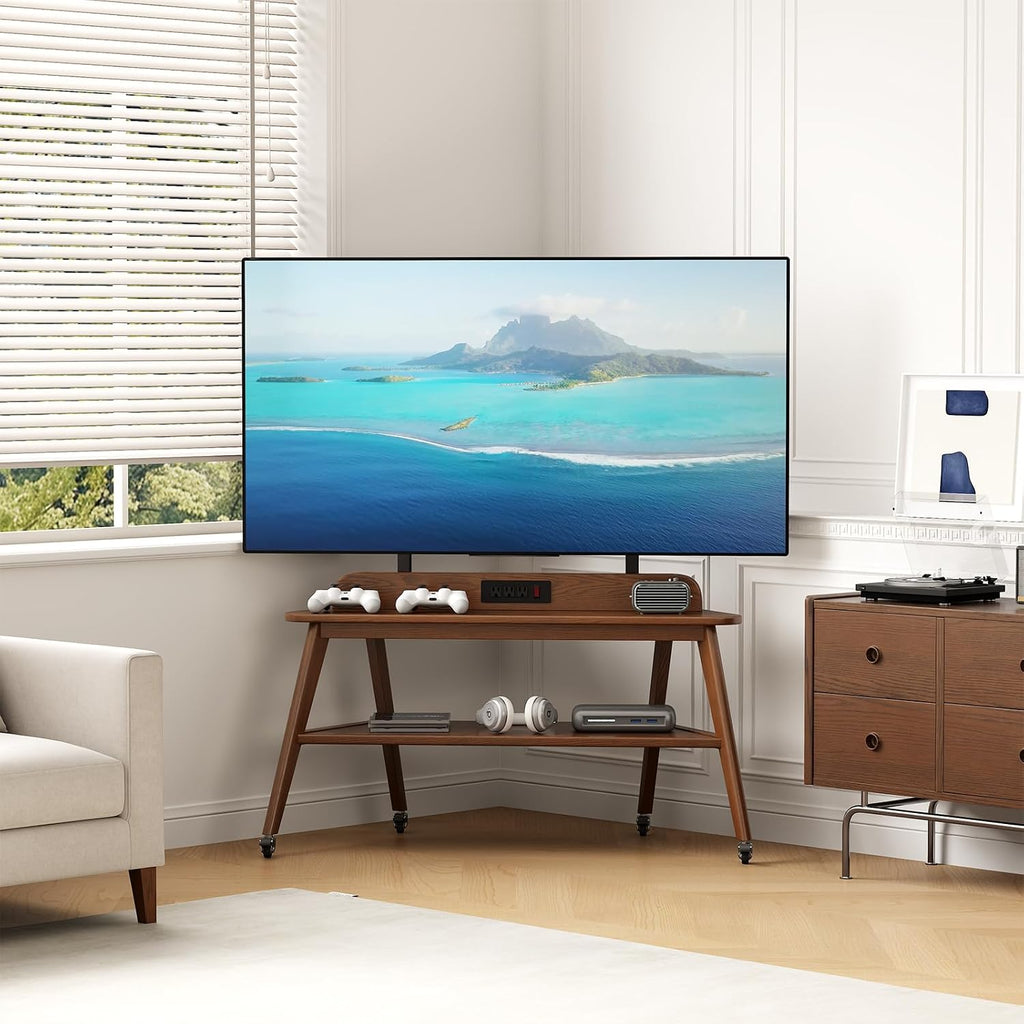 Solid Wood Rolling TV Stand with Power Outlet, Mobile TV Stand - Image 9
