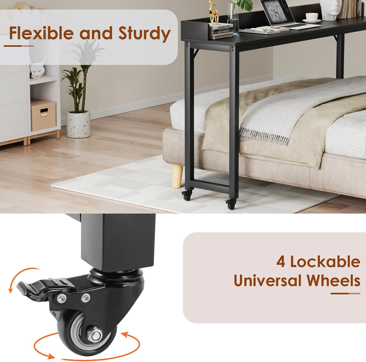 Overbed Table with 360° Wheels, Queen Size Mobile Bed Desk, Black - Image 4