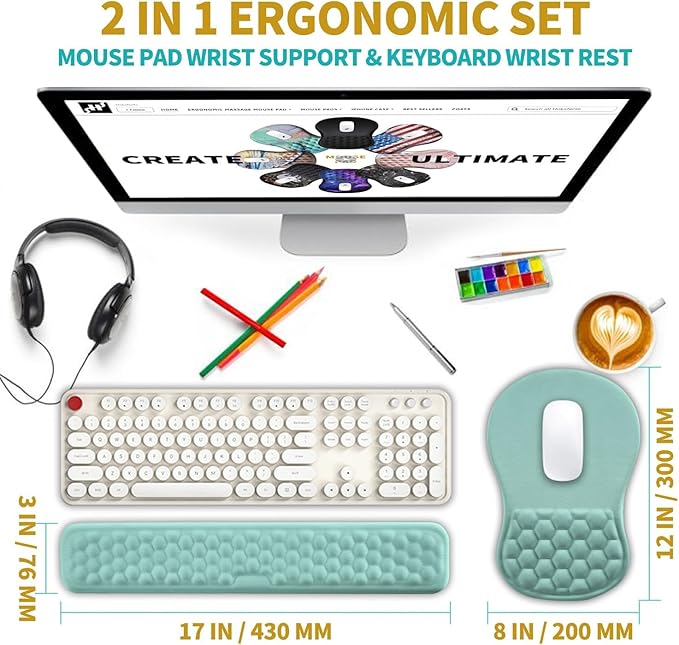 Hokafenle 2 in 1 Ergonomic Mouse Pad Wrist Support & Wrist Rest for Computer Keyboard Set, with Relieve Carpal Tunnel Pain Massage Bulge and Full Memory Gel Design (2In1 Set, Light Blue) - Image 2