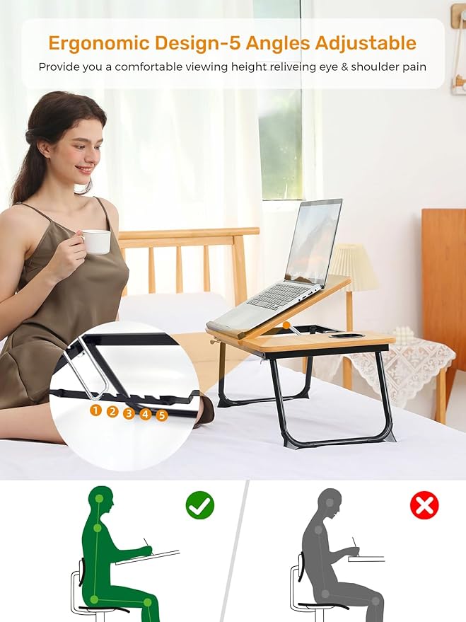 Lap Desk for Couch/Sofa/Floor, 5-Angle Adjustable Bed Desk with Foldable Legs &Cup Holder, Light Weight Bed Tray Table for Writing/Eating/Reading, Portable Laptop Stand for Adults, Kids - Image 2