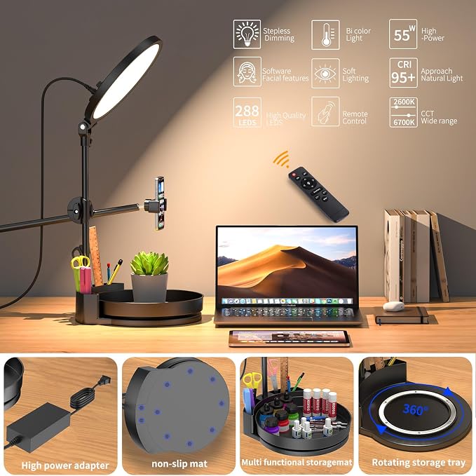 Selfie Light Kit for Desk and Laptop,55W Dimmable Full Screen Ring Light,with Rotating Storage Box,Pen Holder Stand,Phone Holder and Controller (White, 10.5) - Image 3