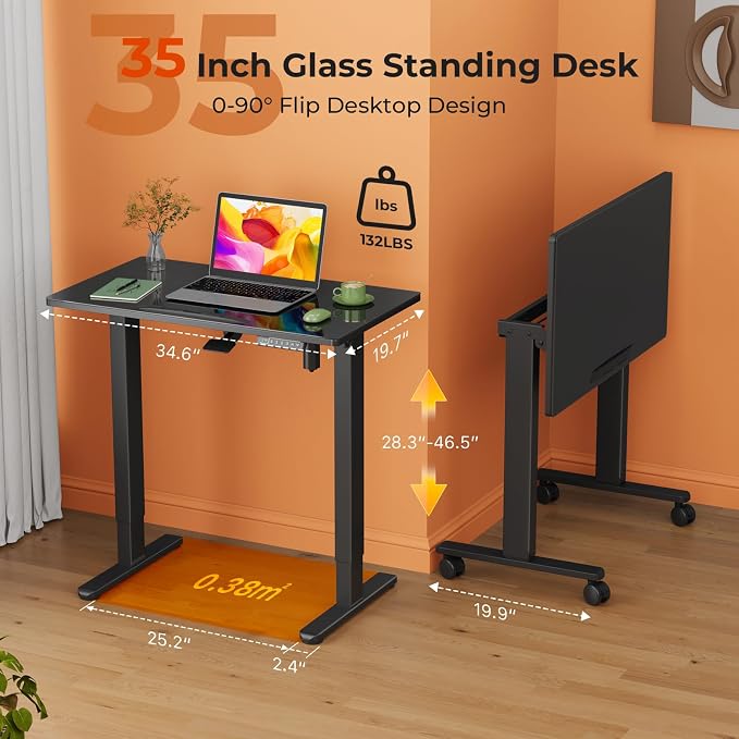 35" Black Glass Standing Desk, 90° Tilt Drafting Table on Wheels | Electric Height Adjustable Foldable One-piece Art Rising Desk, Small Mobile Sit Stand Laptop Cart with 4 Lockable Casters - Image 2
