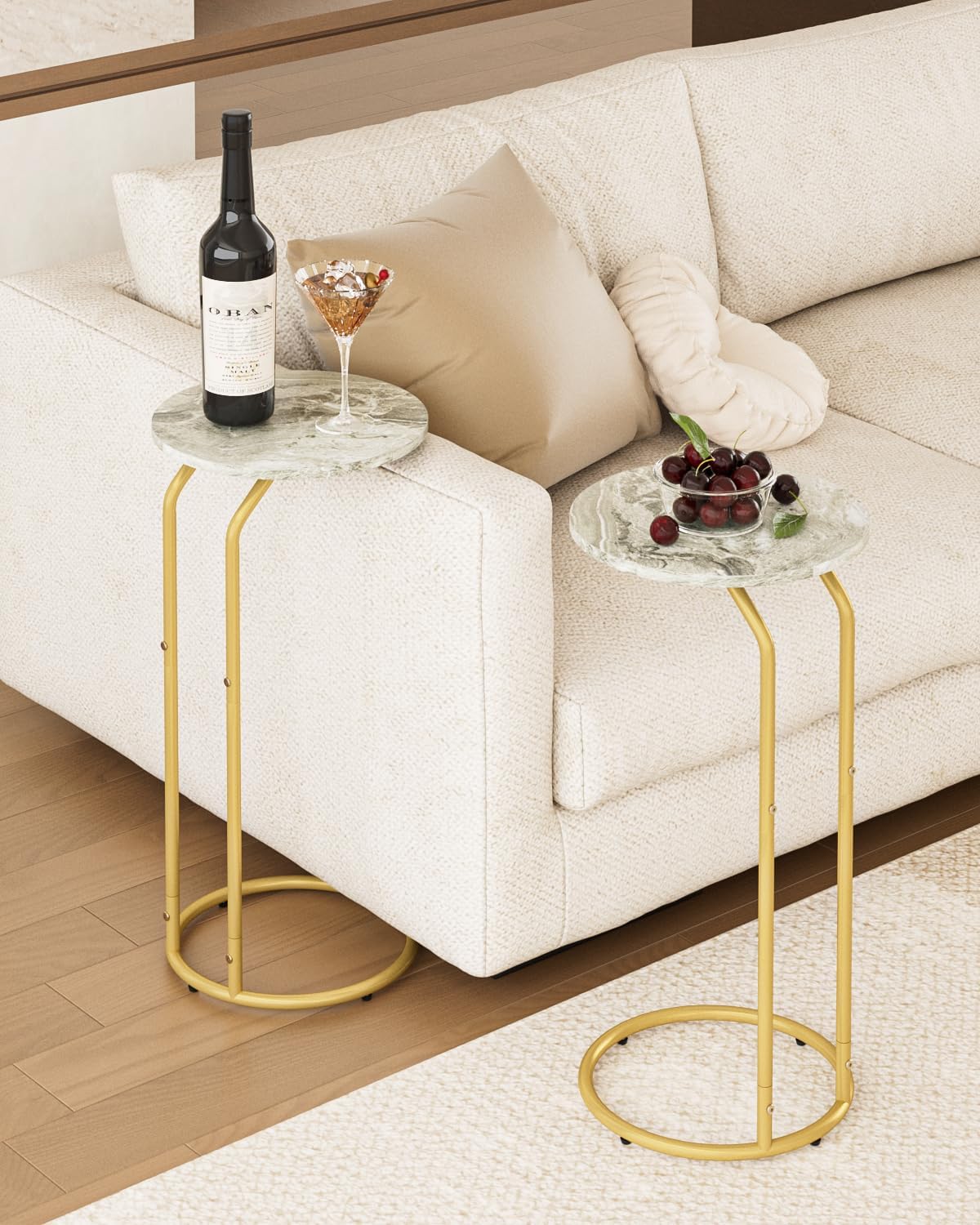 C-Shaped End Table Set of 2, Side Table for Couch, Marble and Gold - Image 2