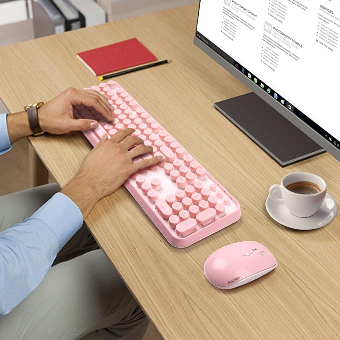 Pink Wireless Keyboard and Mouse Combo,Cute Typewriter Style,for Long Nails | Bubble Round Keys,Ergonomic Computer Keyboard,ASMR Clicky Sound,2.4Ghz USB Receiver,Full Size with Number for PC Laptop - Image 7