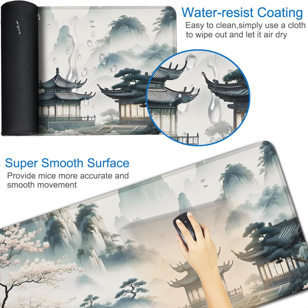Large Gaming Mouse Pad, 31.5x15.7 inch Large Extended Computer Keyboard Mouse Mat, Water Resist Non-Slip Mousepad Rubber Base Long XXL Mouse Pad for Work & Gaming, Office & Home, Sakura Ancient City - Image 3