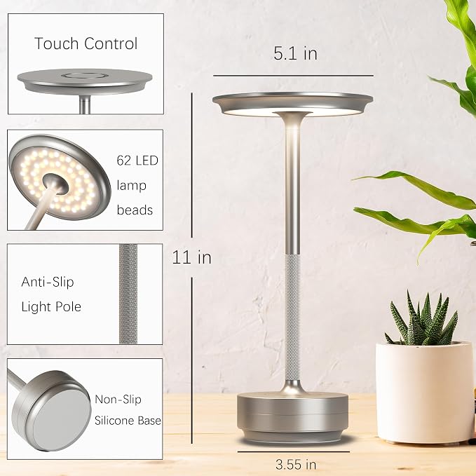 2 Pack Cordless Table Lamps Rechargeable, 5000mAh LED Table Light | Portable 3 Color Stepless Dimming Battery Powered Table Lamp with Memory Function for Restaurant/Home/Outdoor.(Silver) - Image 7