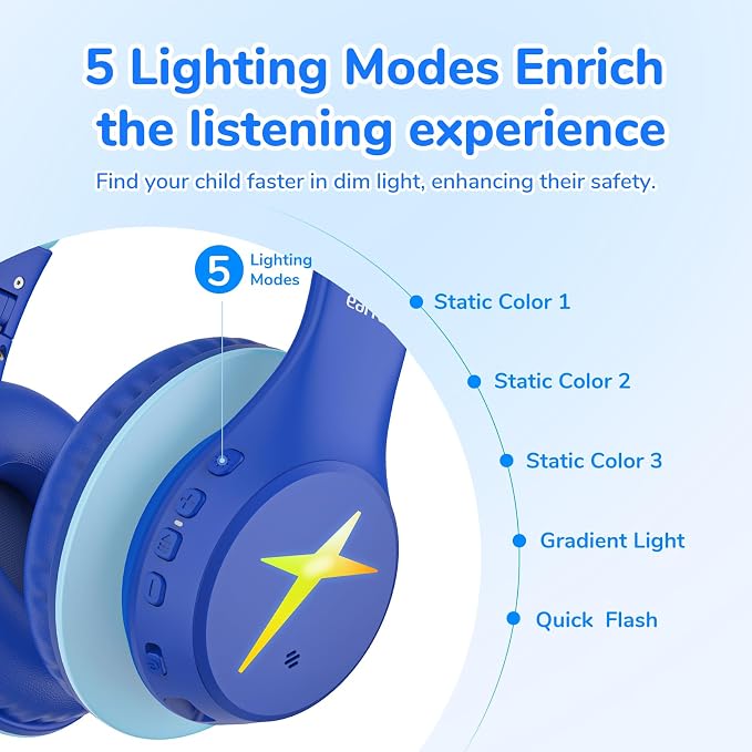 EarFun K4 Kids Bluetooth Headphones, Wireless Headphones with Lights, Blue | 74/85/94dBA Volume Limited, Built-in Mic, 90H Playtime, Stereo Sound Bluetooth 5.4 Over Ear Headphone for iPad/Tablet/School - Image 3