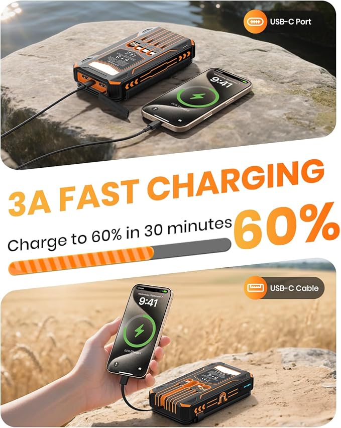 SOARAISE Solar Power Bank 48000mAh Wireless Portable Charger with 4 Cables | Solar Charger with 4 Solar Panels, 48000mAh High Capacity, PD QC 3.0 Fast Charging Battery Pack, Flashlights for Camping - Image 4