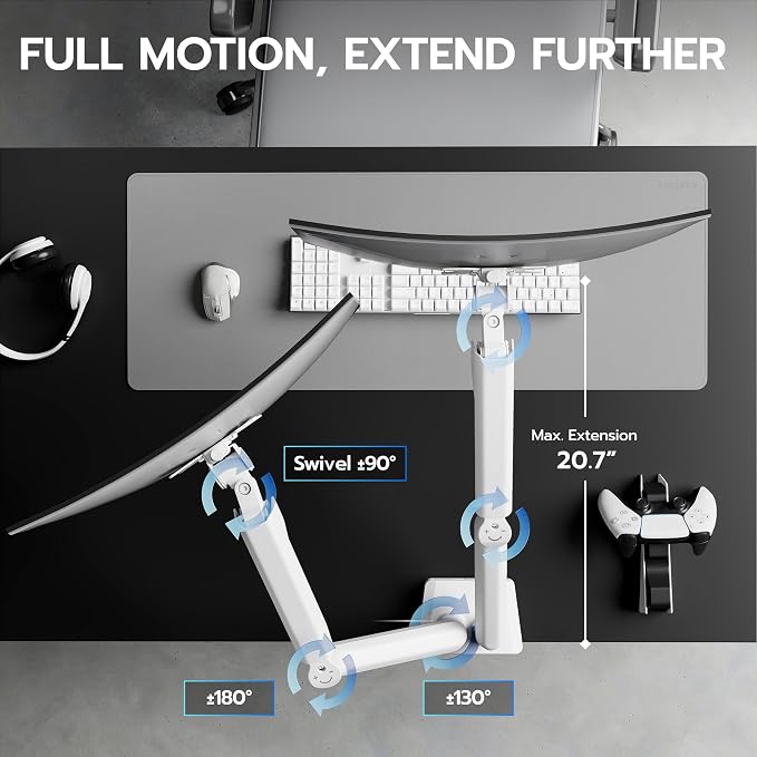 ARES WING Dual Monitor Mount with USB for 2 Monitors for 17-35 inch, White | Heavy Duty Monitor Arms for 2 Monitors, Fully Adjustable Monitor Desk Stand for Ultrawide Screen, VESA 75x75 or 100x100mm - Image 6