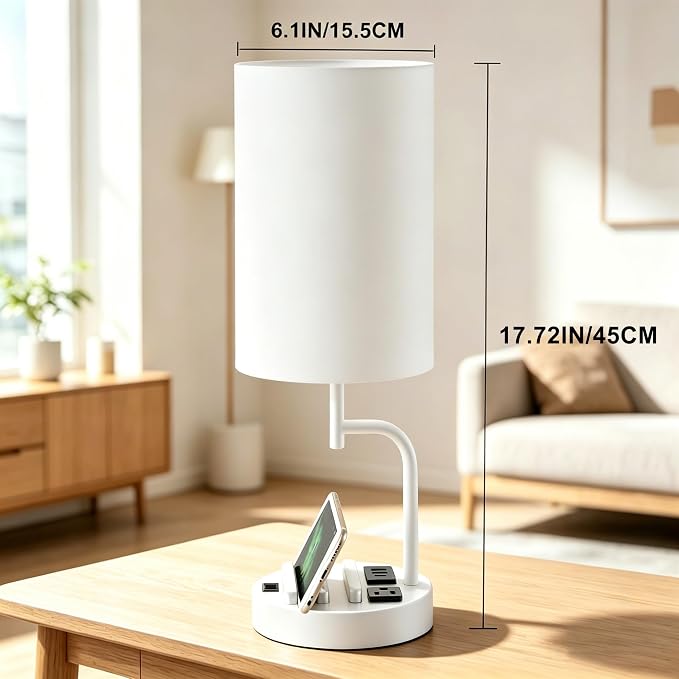 Dreamholder 2 Pack Table Lamp, Bedside Lamp with 3 USB Charging Ports & AC Outlet, USB Desk Lamp with 2 Phone Holders, Linen Fabric Shade Nightstand Lamps for Bedroom Living Room Office, White - Image 2