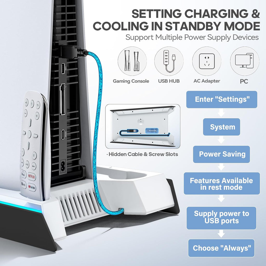 Rysker PS-5/Slim/Pro Stand for Disc & Digital Version, PS-5 Cooling Station with RGB Ambient Lighting, Controller Charger Built-in 3 Level Fan, PS-5 Cooling Stand for PlayStation 5 Case - Image 6