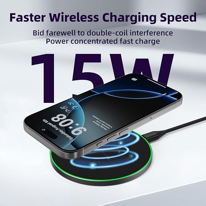 Wireless Charger Compatible with iPhone 17 16 15 14 13 12 11 Pro Max/Mini/Plus/XR/X/8, 15W Max Fast Wireless Charging Pad Mat for Samsung Galaxy S23/S22/S21/S20/S10, Galaxy Buds - Image 3