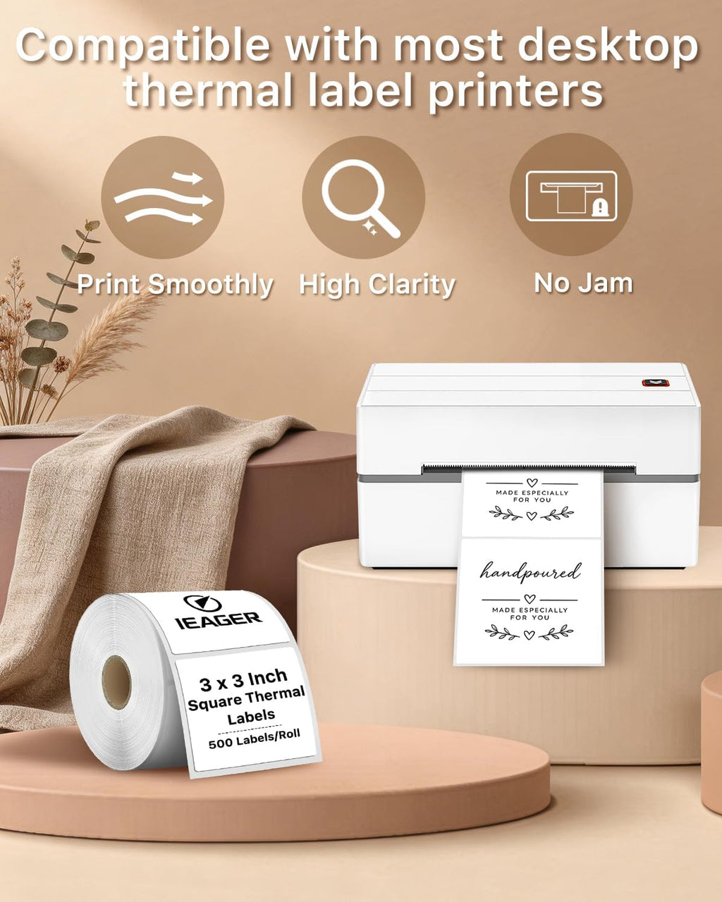 iEager White 3" x 3" Square Thermal Label Stickers, 500 Labels/Roll - Image 5
