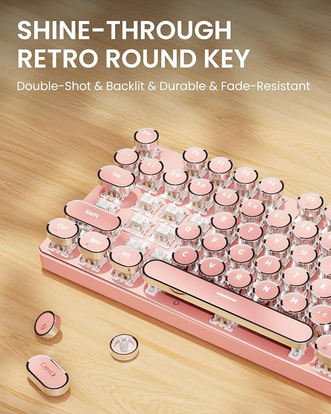 EWEADN Wired Typewriter Mechanical Keyboard, Low Noise White Switch Retro Punk Keyboard with Media Knob, White Backlit, Metal Panel, 104-Key Round Keycaps Cute Keyboard for Windows PC - Pink - Image 7
