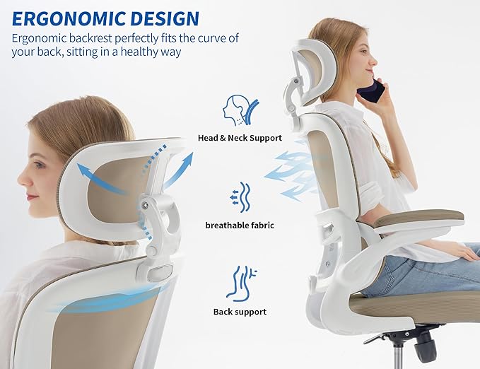 TRALT Ergonomic Office Chair Desk Chair with Adjustable Lumbar Support | Home Office Desk Chairs with Flip-up Armrests & 3D Headrest - Mesh Gaming Chairs for Adults, 330lbs, PU Leather (Khaki, 1) - Image 3