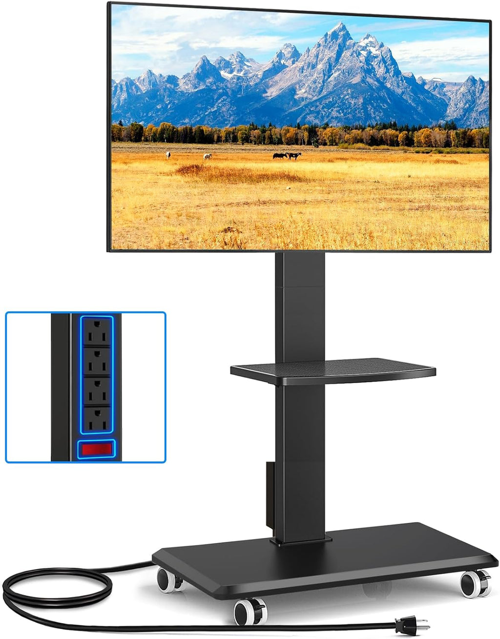 Rfiver Rolling TV Stand 32-75 Inch with Power Outlet and Shelf, Black by Rfiver