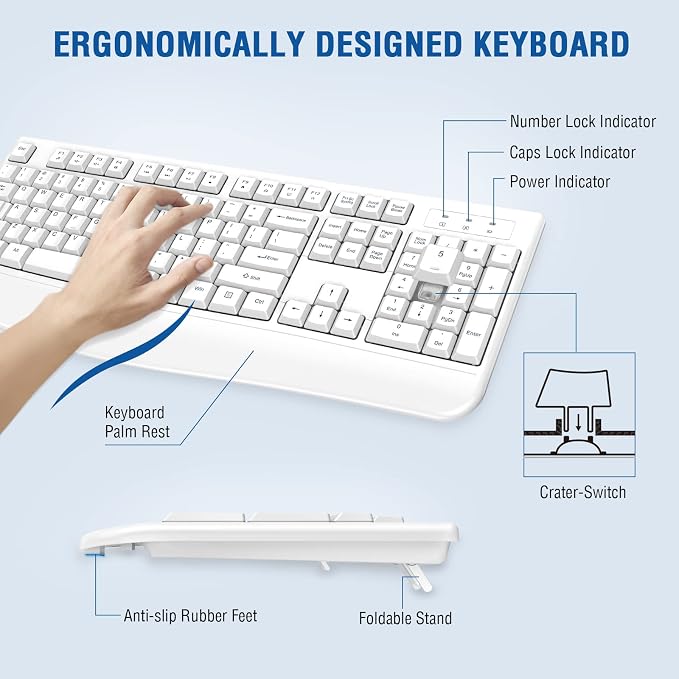 Wireless Keyboard and Mouse Combo, EDJO Full-Sized Ergonomic Computer Keyboard with Wrist Rest and 3 Level DPI Adjustable Wireless Mouse for Windows, Mac OS Desktop/Laptop/PC (White) - Image 3
