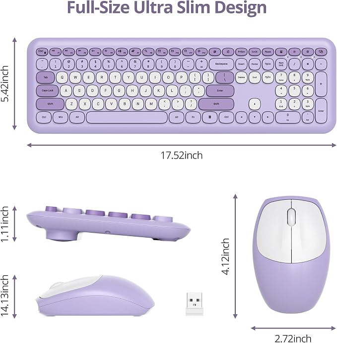 surmen Purple Keyboard and Mouse Wireless, Cute Wireless Typewriter, Full Size Slim Silent Round Keys Aesthetic Keyboard for Home and Office(Colorful Purple) - Image 5