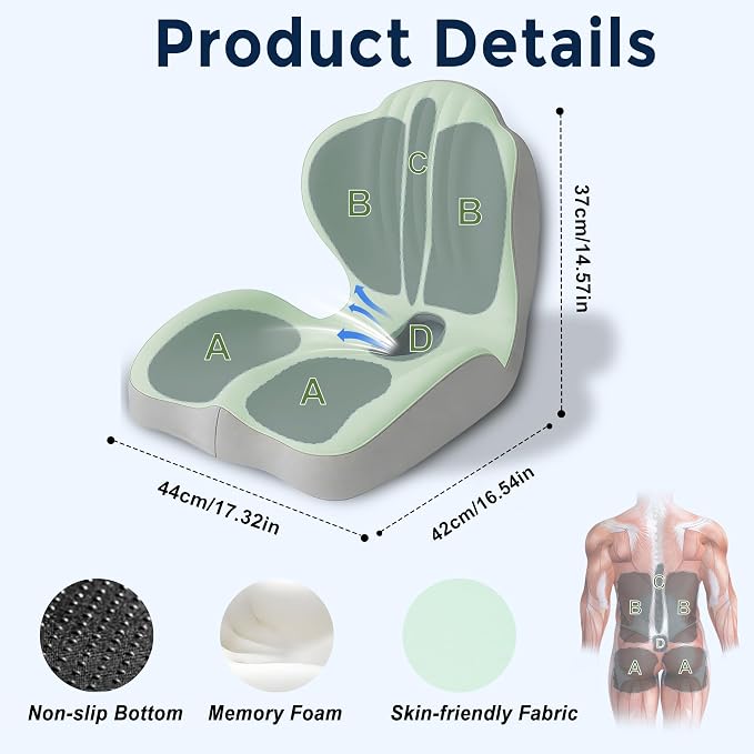 Seat Cushion for Office Chair Car, L-Shaped Ergonomic Seat Cushions,Memory Foam Orthopedic Cushion with Coccyx Hollow,Lumbar Support & Tailbone Pain Relief for Car, Truck, Home,Green & Gray - Image 3