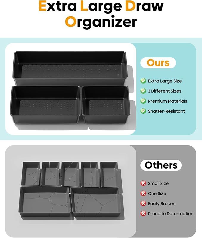 10 Pack Large Size Plastic Drawer Organizers Set, 3 Sizes Desk Drawer Organizer Trays, Storage Bins for Vanity, Makeup, Bathroom, Kitchen Utensils and Office (Black) - Image 3