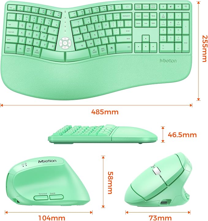 MEETION Ergonomic Keyboard Mouse Combo, Split Design Vertical Mouse Green | Rechargeable full-size keyboard with cushioned wrist rest, 2.4GHz USB receiver, natural typing, for Windows, Mac, PC, laptop - Image 7