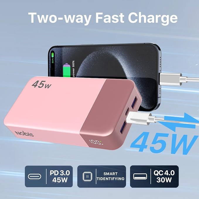 NOBIS Portable Charger 45W 20000mAh Power Bank Fast Charging | 2C+2A Battery Pack with C to C Cable, Battery Bank with Digital Display for iPhone Android Laptop etc - Image 5